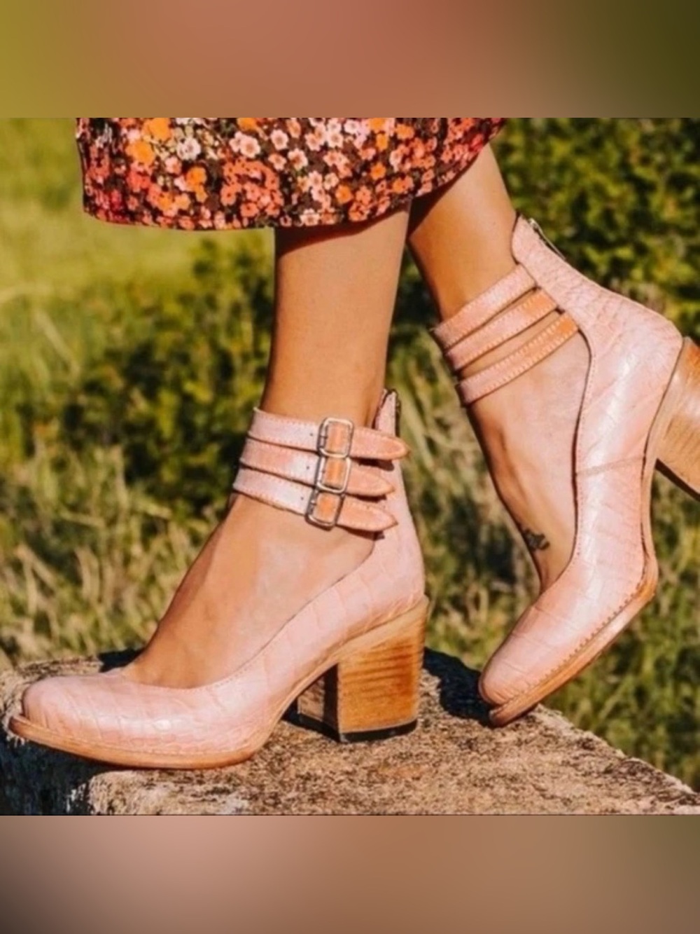 FREEBIRD RANDI PINK CROCO EMBOSSED LEATHER STRAPPY MID-HEEL SHOE 8